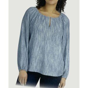 Boston Traders Women's L Blue Striped Long Sleeve Blouse Viscose/Linen M0490